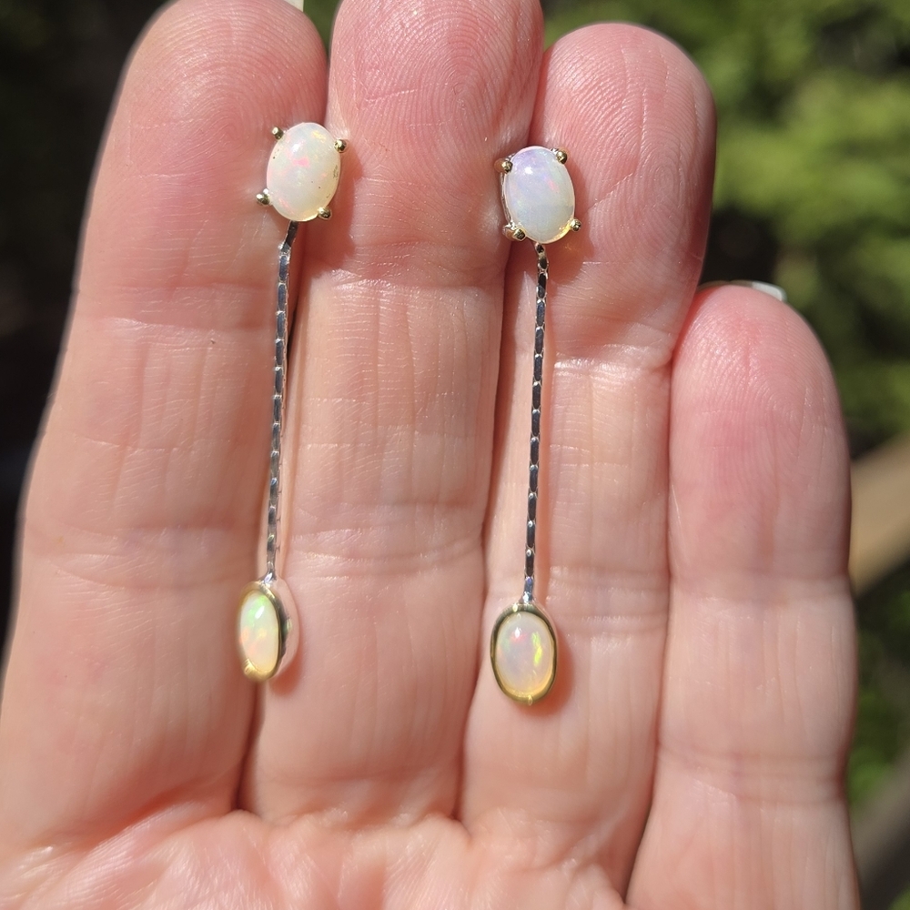 Opal Natural Gemstone Sterling & Gold Earrings 6k - Picture 7 of 11